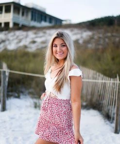 Crescent Red Floral Ruffle Mini Skirt