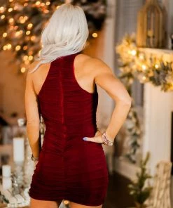 HYFVE Red Halter Neck Ruched Mini Dress