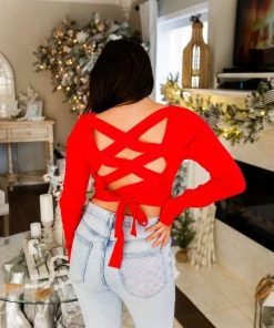 Le Lis Red Lace Up Back Knit Sweater