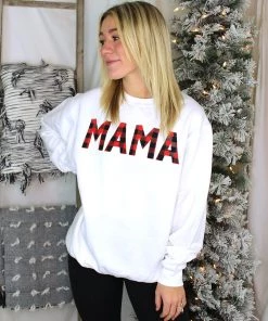 Alphia White With Red Plaid MAMA Holiday Sweatshirt