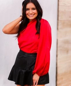 HYFVE Red Satin One Shoulder Cropped Blouse Women's Clothing