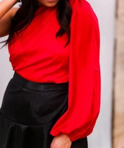 HYFVE Red Satin One Shoulder Cropped Blouse Women's Clothing