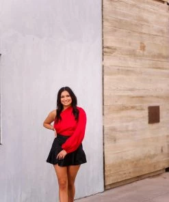 HYFVE Red Satin One Shoulder Cropped Blouse Women's Clothing