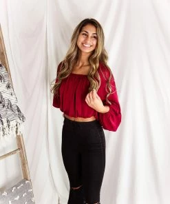 HYFVE Red Silky Off The Shoulder Bubble Sleeve Top
