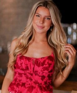 Do + Be Women's Clothing Red Smocked Floral Tank Top