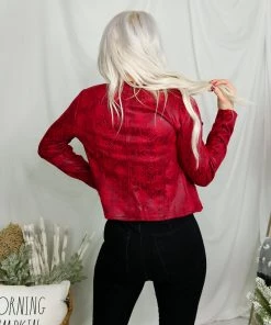 Iris Basic Red Snake Skin Faux Leather Moto Jacket