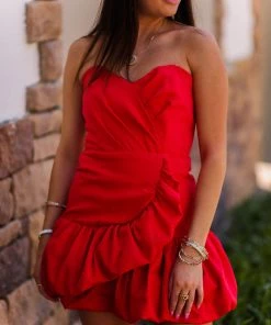Do + Be Red Strapless Ruffle Hem Mini Dress Women's Clothing