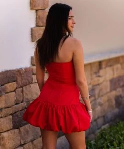 Do + Be Red Strapless Ruffle Hem Mini Dress Women's Clothing