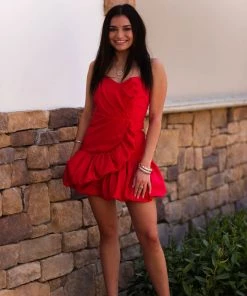 Do + Be Red Strapless Ruffle Hem Mini Dress Women's Clothing