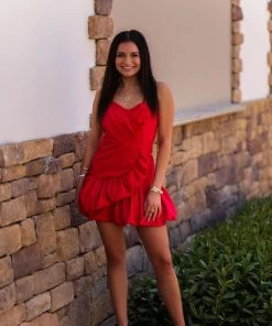 Do + Be Red Strapless Ruffle Hem Mini Dress Women's Clothing