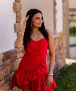 Do + Be Red Strapless Ruffle Hem Mini Dress Women's Clothing