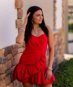 Do + Be Red Strapless Ruffle Hem Mini Dress Women's Clothing