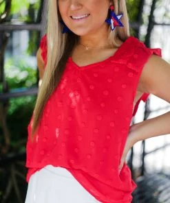 Entro Women's Clothing Red Textured Ruffle Sleeve Tank Top