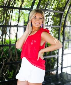 Entro Women's Clothing Red Textured Ruffle Sleeve Tank Top