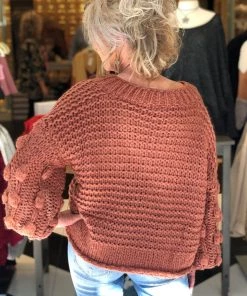 HYFVE Textured Dot Sleeve V-neck Sweater - Red Bean