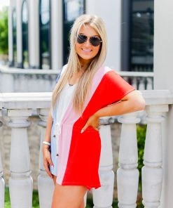 Entro Women's Clothing Red, White And Blue Striped Drawstring Romper