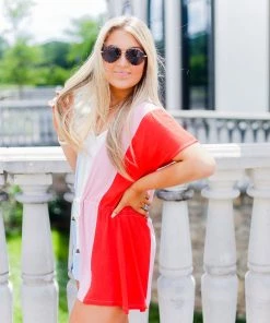 Entro Women's Clothing Red, White And Blue Striped Drawstring Romper