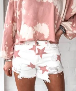 Peach Love California Women's Clothing Red And White Star Pattern Denim Shorts