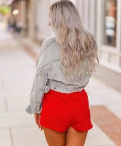 Blue B Rhinestone Fringe Denim Jacket Women's Clothing