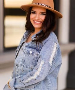 Blue B Women's Clothing Distressed Gemstone Denim Jacket