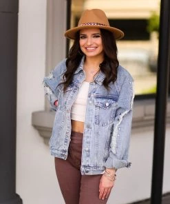 Blue B Women's Clothing Distressed Gemstone Denim Jacket