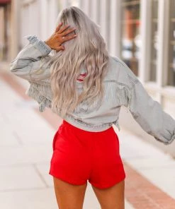 Blue B Rhinestone Fringe Denim Jacket Women's Clothing