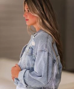 Blue B Women's Clothing Rhinestone Fringe Sleeves Denim Jacket