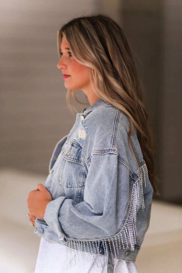 Blue B Women's Clothing Rhinestone Fringe Sleeves Denim Jacket 3 Blue B Women's Clothing Rhinestone Fringe Sleeves Denim Jacket