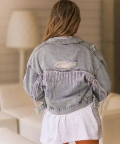 Blue B Women's Clothing Rhinestone Fringe Sleeves Denim Jacket