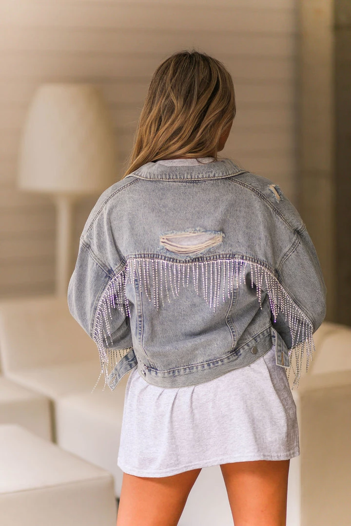 Blue B Women's Clothing Rhinestone Fringe Sleeves Denim Jacket 4 Blue B Women's Clothing Rhinestone Fringe Sleeves Denim Jacket