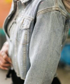 Veveret Women's Clothing Kyler Rhinestone Raw Hem Denim Jacket
