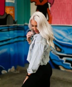 Veveret Women's Clothing Kyler Rhinestone Raw Hem Denim Jacket