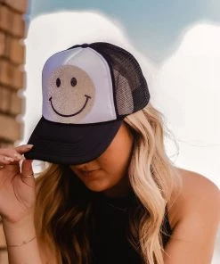 Vintage Distressed Women's Clothing Rhinestone Smiley Face Trucker Hat