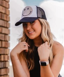 Vintage Distressed Women's Clothing Rhinestone Smiley Face Trucker Hat