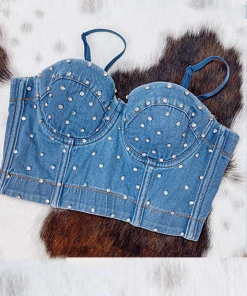 Lydia Rhinestone Studded Denim Corset Top