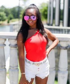 Nikibiki Ribbed One Shoulder Red Thong Bodysuit Women's Clothing