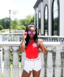 Nikibiki Ribbed One Shoulder Red Thong Bodysuit Women's Clothing