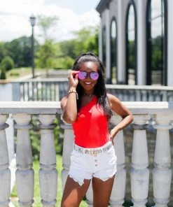 Nikibiki Ribbed One Shoulder Red Thong Bodysuit Women's Clothing