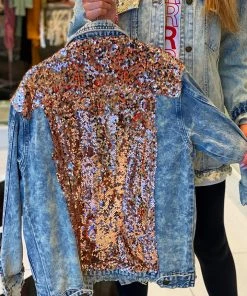 L & B Rose Gold Sequin Distressed Denim Jacket Women's Clothing