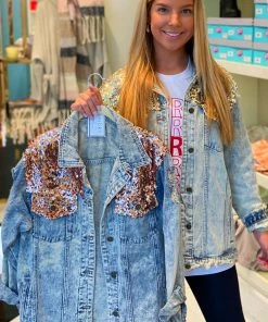 L & B Rose Gold Sequin Distressed Denim Jacket Women's Clothing