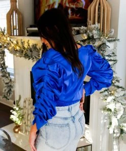 Do + Be Royal Blue Satin Puff Sleeve Tie Blouse