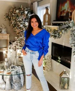 Do + Be Royal Blue Satin Puff Sleeve Tie Blouse