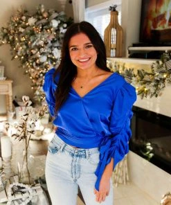 Do + Be Royal Blue Satin Puff Sleeve Tie Blouse