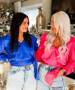 Do + Be Royal Blue Satin Puff Sleeve Tie Blouse