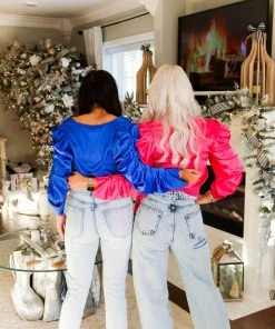 Do + Be Royal Blue Satin Puff Sleeve Tie Blouse