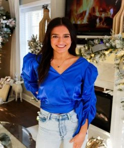 Do + Be Royal Blue Satin Puff Sleeve Tie Blouse