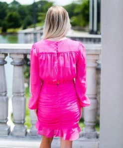 Blue Blush Ruched Long Sleeve Mini Dress - Hot Pink Women's Clothing