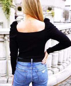 Glam Ruched Puff Sleeve Black Square Neck Bodysuit Women's Clothing