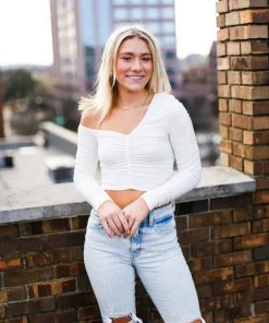 Do + Be Ruched White Long Sleeve Crop Top Women's Clothing