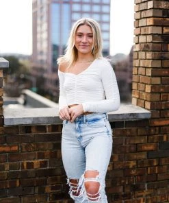 Do + Be Ruched White Long Sleeve Crop Top Women's Clothing